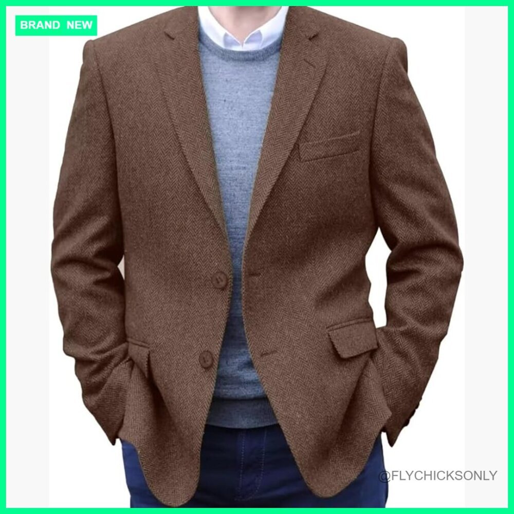 Men's Tweed Blazer 2 Button Lightweight Herringbone Sport Coat